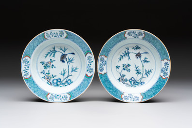 Four Chinese doucai plates with birds among bamboo and floral design, 18th C.