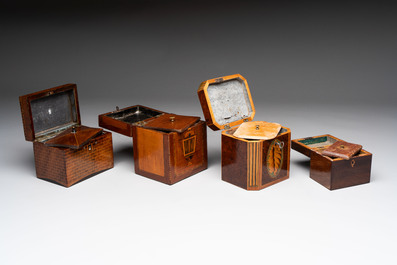 A group of six wooden tea caddies with inlaid decoration, The Netherlands, 18th C.