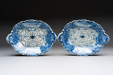 Two blue and white Dutch Delft strawberry strainers on stands, 18th C.