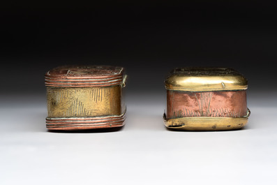 A group of four copper and brass engraved tobacco boxes, The Netherlands, 18th C.