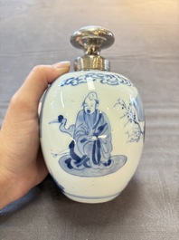 A Chinese blue and white 'Shoulao' tea caddy with silver mount and cover, Chenghua mark, Kangxi