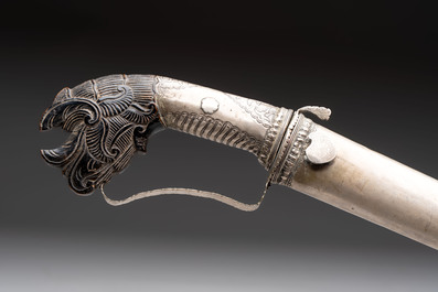 An Indonesian 'pedang palembang' sword with a silver-alloy-mounted and tortoiseshell-veneered scabbard, Sumatra, 19th C.