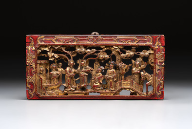 Four Chinese gilt-lacquered carved wooden panels with narrative design, 19th C.