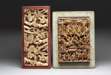 Four Chinese gilt-lacquered carved wooden panels with narrative design, 19th C.