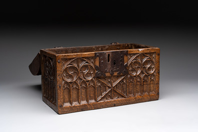 A Gothic Revival oak casket with wrought-iron mounts, 19th C.