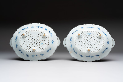 Two blue and white Dutch Delft strawberry strainers on stands, 18th C.