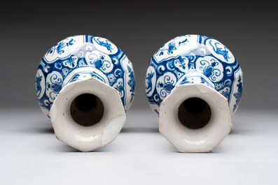 A pair of blue and white Dutch Delft vases with floral design, 18th C.