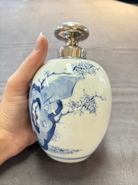A Chinese blue and white 'Shoulao' tea caddy with silver mount and cover, Chenghua mark, Kangxi