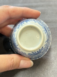 Ten Chinese blue and white cups and eleven saucers, Kangxi