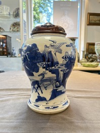 A Chinese blue and white 'He Lu Tong Chun 鶴鹿同春' vase and a wooden cover, Kangxi