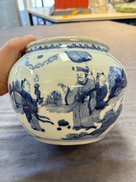 A Chinese blue and white 'Lian Sheng San Ji 連升三級&lsquo; and 'Xie Qin Fang You 攜琴訪友' bowl, Transitional style