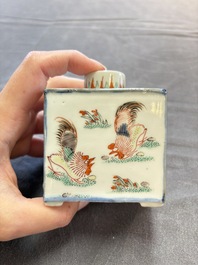 A pair of Chinese famille verte rectangular 'fighting roosters' tea caddies, Kangxi