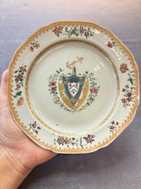Four Chinese famille rose armorial plates and a dish, Qianlong