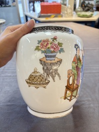 A Chinese famille rose 'Jing Zhao Hua Mei 京兆畫眉' eggshell lantern on stand, dated 1979