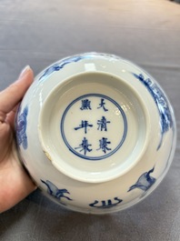 Two Chinese blue and white bowls with figural design, Chenghua and Kangxi marks, Kangxi