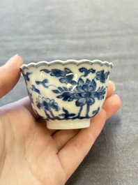 A set of six Chinese blue and white cups and saucers with floral design, Kangxi