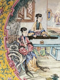 A Chinese Canton enamel 'San Niang Jiao Zi 三娘教子' plate, Shang Xin 賞心 mark, Qianlong