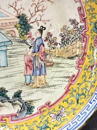 A Chinese Canton enamel 'San Niang Jiao Zi 三娘教子' plate, Shang Xin 賞心 mark, Qianlong