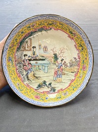 A Chinese Canton enamel 'San Niang Jiao Zi 三娘教子' plate, Shang Xin 賞心 mark, Qianlong