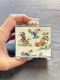 A pair of Chinese famille verte rectangular 'fighting roosters' tea caddies, Kangxi