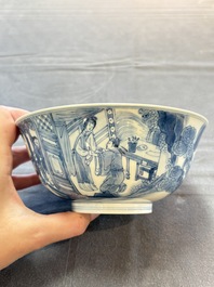 Two Chinese blue and white bowls with figural design, Chenghua and Kangxi marks, Kangxi