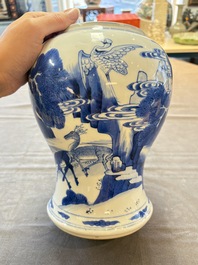 A Chinese blue and white 'He Lu Tong Chun 鶴鹿同春' vase and a wooden cover, Kangxi