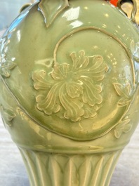 A Chinese Longquan celadon vase with floral design, Ming