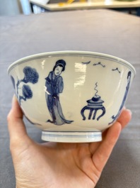 Two Chinese blue and white bowls with figural design, Chenghua and Kangxi marks, Kangxi