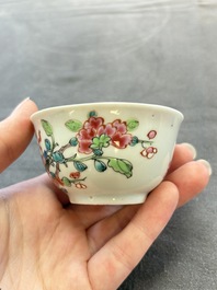 Eleven Chinese famille rose cups and nine saucers, Yongzheng/Qianlong