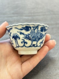 A set of six Chinese blue and white cups and saucers with floral design, Kangxi