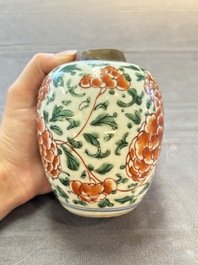 Five Chinese wucai 'Buddhist lion' and 'peony scroll' jars, Transitional period