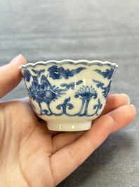 A set of six Chinese blue and white cups and saucers with floral design, Kangxi