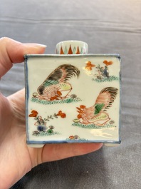 A pair of Chinese famille verte rectangular 'fighting roosters' tea caddies, Kangxi
