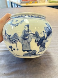 A Chinese blue and white 'Lian Sheng San Ji 連升三級&lsquo; and 'Xie Qin Fang You 攜琴訪友' bowl, Transitional style