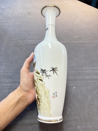 A Chinese polychrome 'peacock and bamboo' eggshell vase, signed Yuan Qing 元清, Jing De Zhen Zhi 景德鎮制 mark, 20th C.