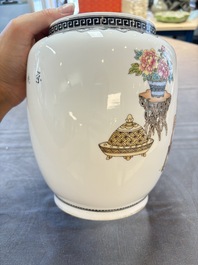 A Chinese famille rose 'Jing Zhao Hua Mei 京兆畫眉' eggshell lantern on stand, dated 1979