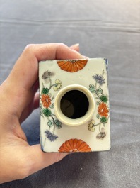 A pair of Chinese famille verte rectangular 'fighting roosters' tea caddies, Kangxi