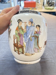 A Chinese famille rose 'Jing Zhao Hua Mei 京兆畫眉' eggshell lantern on stand, dated 1979