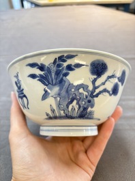 Two Chinese blue and white bowls with figural design, Chenghua and Kangxi marks, Kangxi