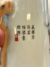 A Chinese famille rose vase with ladies in a garden, Qianlong mark, 19/20th C.