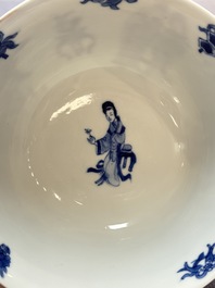 Two Chinese blue and white bowls with figural design, Chenghua and Kangxi marks, Kangxi