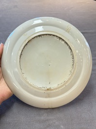 Three Chinese Canton famille verte plates and two famille rose wall pocket vases, 19th C.