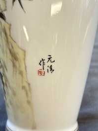 A Chinese polychrome 'peacock and bamboo' eggshell vase, signed Yuan Qing 元清, Jing De Zhen Zhi 景德鎮制 mark, 20th C.