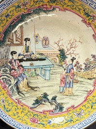 A Chinese Canton enamel 'San Niang Jiao Zi 三娘教子' plate, Shang Xin 賞心 mark, Qianlong