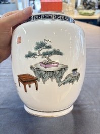 A Chinese famille rose 'Jing Zhao Hua Mei 京兆畫眉' eggshell lantern on stand, dated 1979