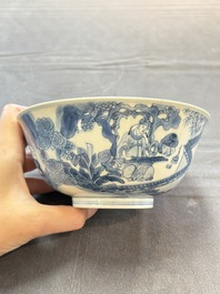 Two Chinese blue and white bowls with figural design, Chenghua and Kangxi marks, Kangxi