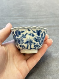A set of six Chinese blue and white cups and saucers with floral design, Kangxi