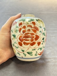 Five Chinese wucai 'Buddhist lion' and 'peony scroll' jars, Transitional period