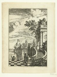 A blue and white Dutch Delft oval plaque with a Mediterranean seaport scene, after an engraving by Daniel Marot, 18th C.