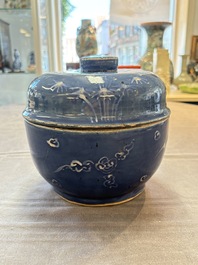 A rare Chinese Swatow white slip-decorated blue-ground bowl and cover, Ming